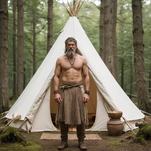 Prompt: a male massage therapist is dressed in stone age druid garb standing in the forest in front of his white canvas tent