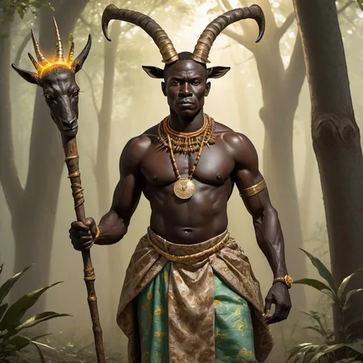 Prompt: full body, strong black male yoruba oba with glowing dark skin, shining golden eyes, and traditional nigerian clothing. he carries a quarterstaff of corkwood that has roots emerging from the bottom and small branches at the top. He has the horns of a roan antelope