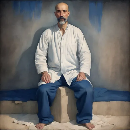 Prompt: full body, middle aged human male, medieval massage healer, dark blue mustache and goatee, shaved head,dark blue tight pants, flowing white cotton shirt,on prepared canvas, gouache paint detail texture