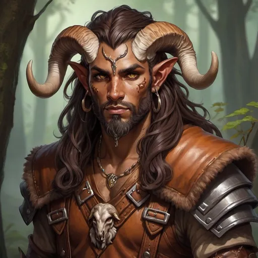 Prompt: early 20's Mushroom druid, tiefling, male, strong, mottled brown and tan skin, ram's horns, long dark hair, trim beard style, leather armor