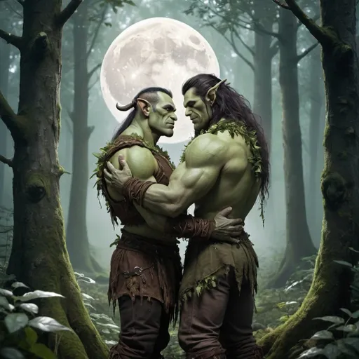 Prompt: fantasy, a rugged male orc and a fae male moon druid, full body, hugging in the forest together