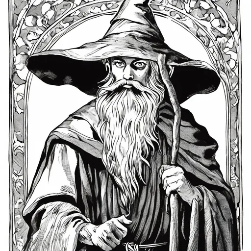 Prompt: Vintage clipart drawing of a young wizard with a beard wearing a tunic, black and white, ink drawing