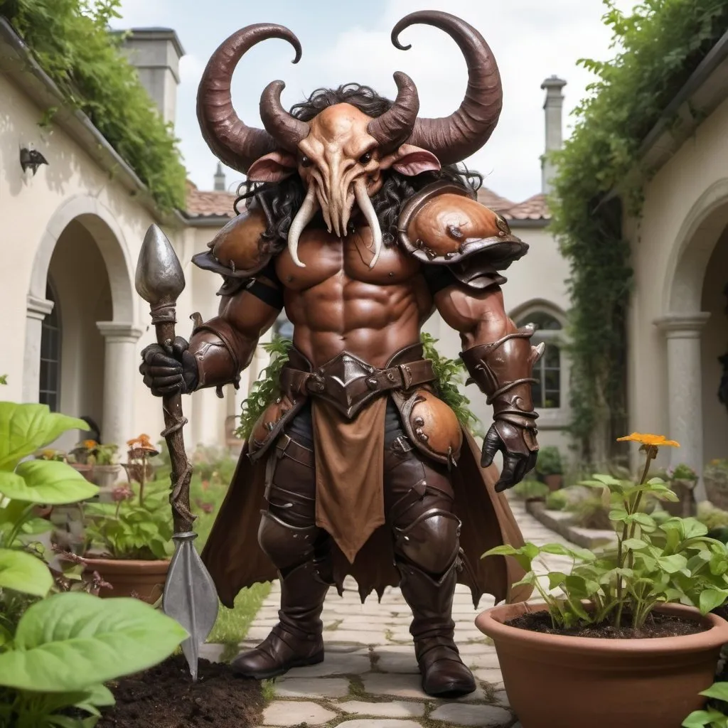 Prompt: a strong rugged 6 foot and 5 inches tall, 250 pound male tiefling mushroom druid with mottled tan skin, long wavy dark hair wearing leather armor is planting a seedling in a garden that is in an open courtyard within a manor