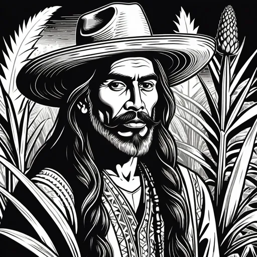 Prompt: woodcut style, handsome indigenous oaxacan curandero, long hair, beard, ears of corn and agave plant background, black and white only