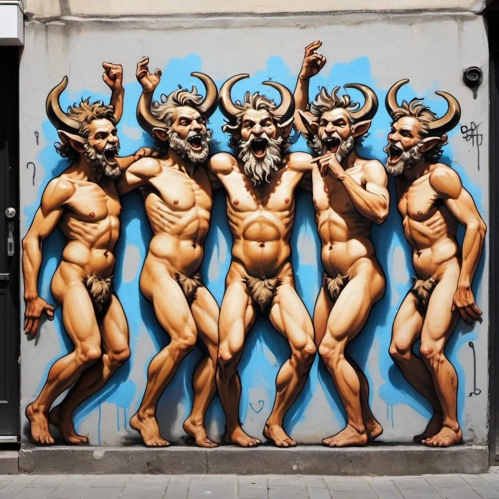 Prompt: a group of 8 dancing satyrs, street art, graffitti 