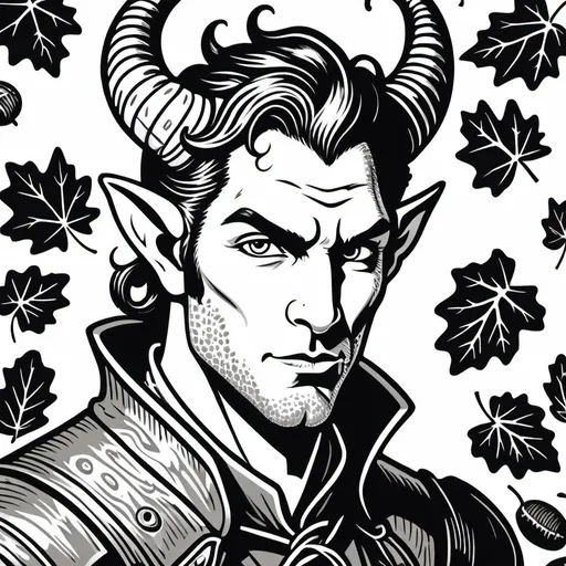 Prompt: woodcut style, handsome tiefling, oak leaf acorn background, black and white only