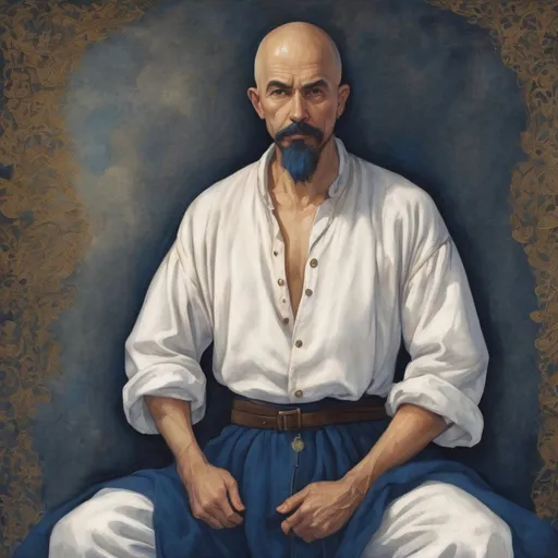 Prompt: full body, middle aged human male, medieval massage healer, dark blue mustache and goatee, shaved head,dark blue fitted pants, white cotton shirt,on prepared canvas.fantasy art, gouache paint detail texture