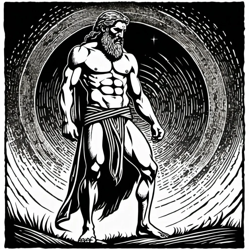 Prompt: woodcut style image, full body, rugged male pagan, loin cloth, only black and white