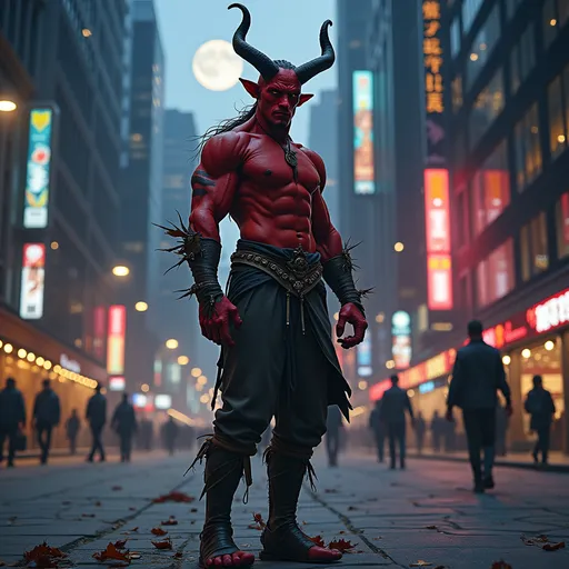 Prompt: In a bustling modern cityscape, a rugged male tiefling druid with majestically curved horns stands confidently on a cracked sidewalk, his striking red skin gleaming under the soft glow of the streetlights. Tall buildings tower around him, their glass facades reflecting the kaleidoscope of neon signs and advertisements that paint the night in vibrant colors. The air is thick with anticipation, and a gentle breeze sends leaves swirling at his feet, hinting at his deep connection to nature amidst the urban chaos. His expression is fierce yet contemplative, as he gazes towards the horizon, where the moon casts a luminous halo over the skyline. He wears a blend of organic textures and modern attire, embodying the juxtaposition of the natural world and city life. This scene evokes a sense of intrigue and adventure, captured in a cinematic style with dramatic lighting that highlights the tiefling's unique features.