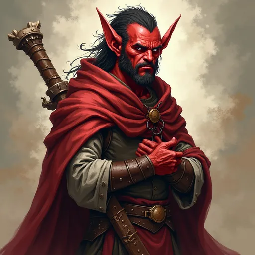 Prompt: dnd style art of a rugged male tiefling wizard red-skinned portrait
