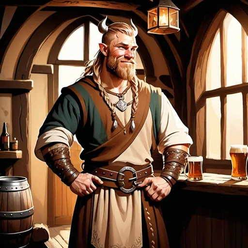 Prompt: full body muscular 30 year old handsome viking male human druid winking character holding a pint of ale in a medieval inn , fantasy character art, illustration, dnd, warm tone