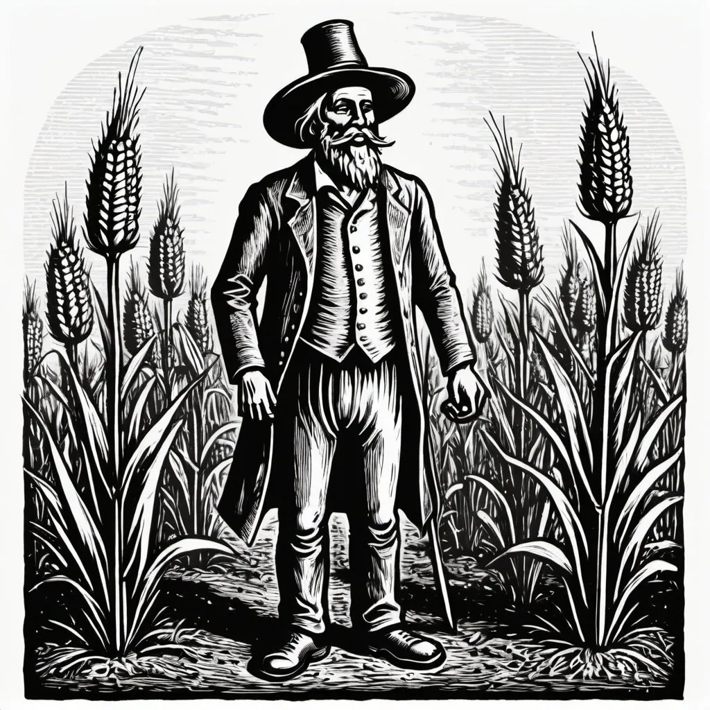 Prompt: woodcut style image, full body tom barleycorn, black and white