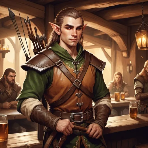 Prompt: rugged male elf ranger character holding bow in a tavern , fantasy character art, illustration, dnd, warm tone