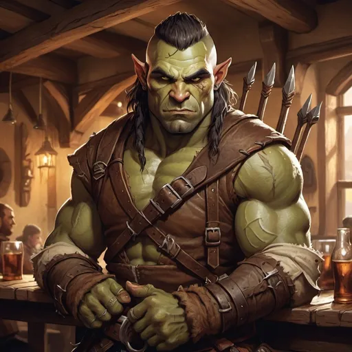 Prompt: rugged male half orc ranger character holding a bow in a tavern , fantasy character art, illustration, dnd, warm tone