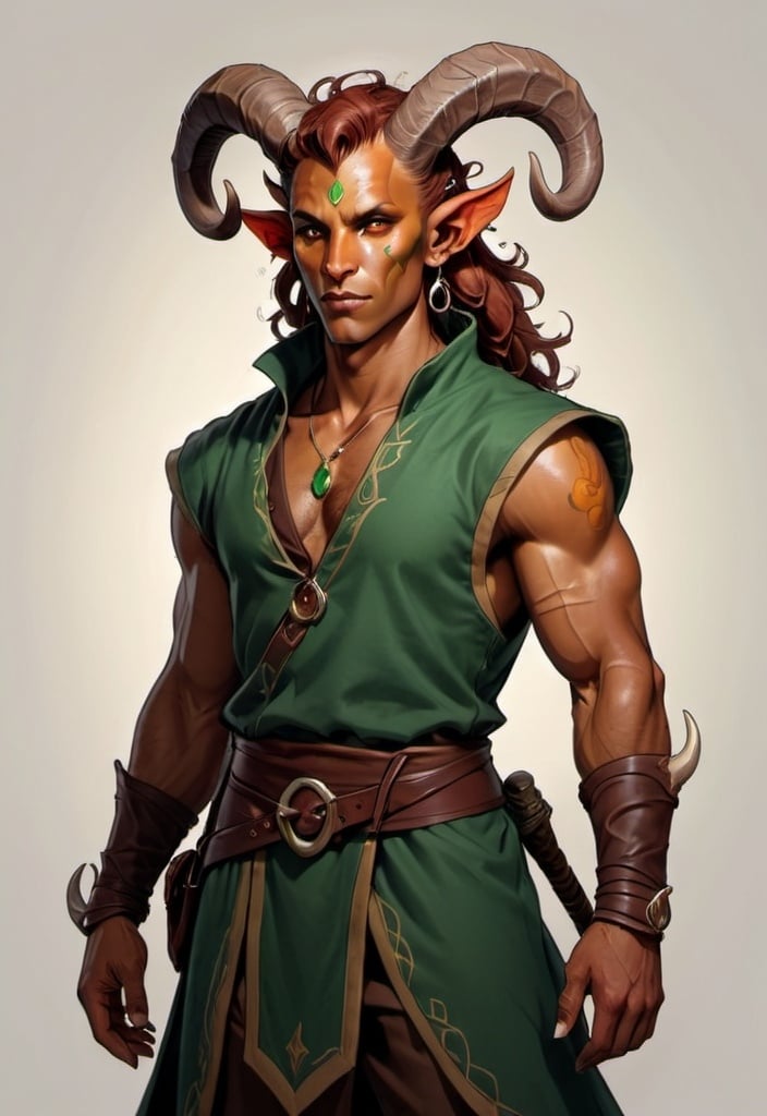 Prompt: dnd style rugged male tiefling druid tan skin majestic horns full body