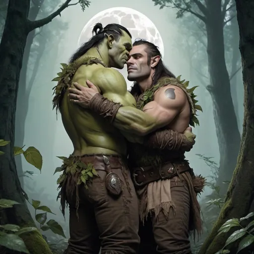 Prompt: fantasy, a rugged male orc and a fae male moon druid, full body, hugging in the forest together