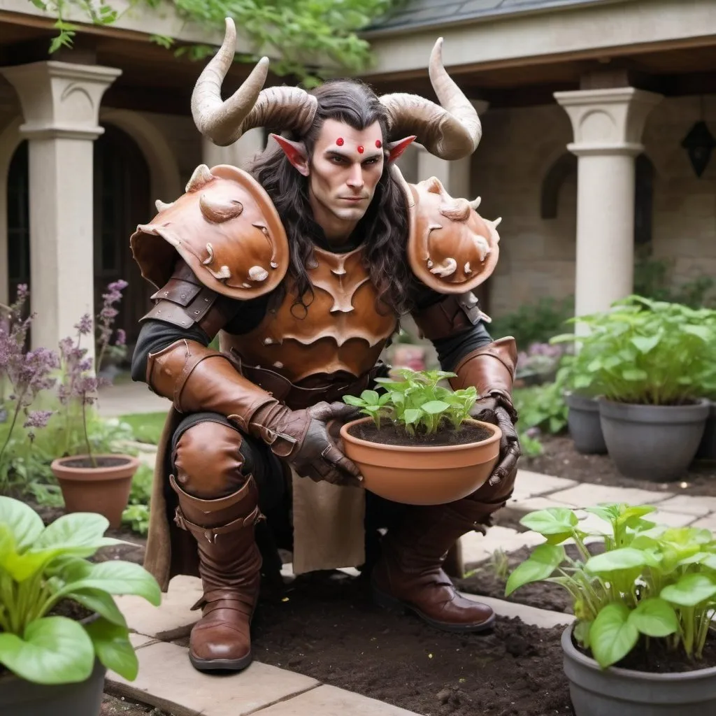 Prompt: a strong rugged 6 foot and 5 inches tall, 250 pound male tiefling mushroom druid with mottled tan skin, long wavy dark hair wearing leather armor is planting a seedling in a garden that is in an open courtyard within a manor