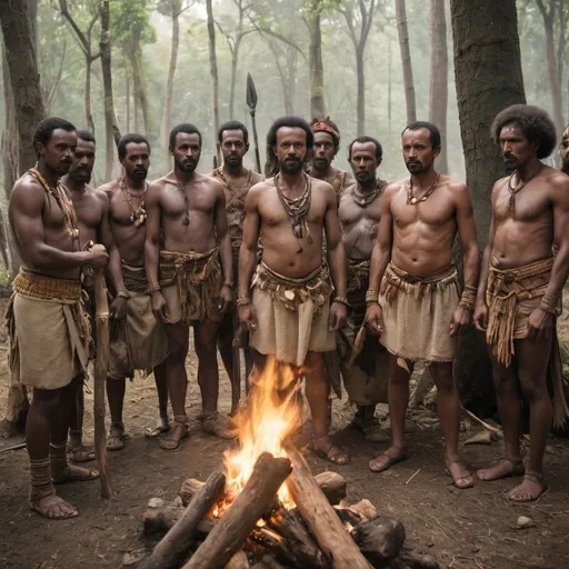 Prompt: a gathering of different aged male warriors are dressed in stone age ethiopian garb standing near a fire in a forest clearing.
