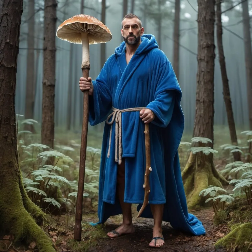 Prompt: full body strong rugged man wearing layered blue robes and holding a wooden staff that has mushrooms growing out of it