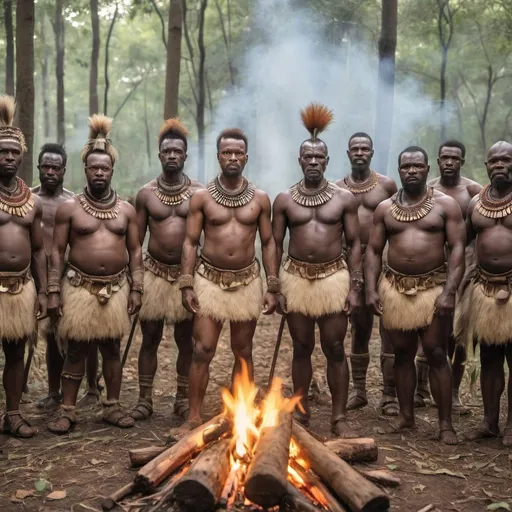 Prompt: a gathering of different aged male zulu warriors are dressed in stone age zulu garb standing near a fire in a forest clearing.
