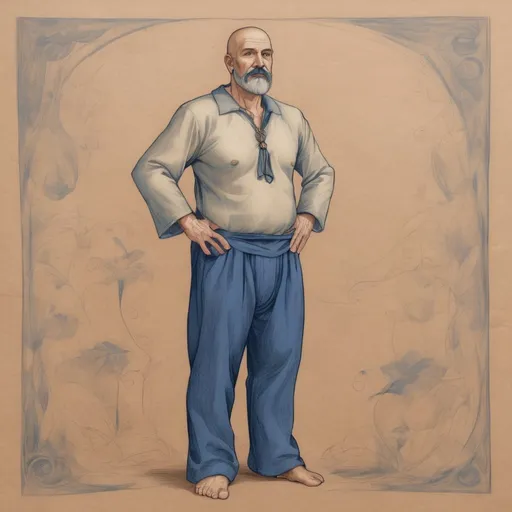 Prompt: full body sketch, middle aged human male druid, massage healer, dark blue mustache and goatee, shaved head,dark blue cotton cotton pants and shirt,on light brown paper.fantasy art, colored pencil detail texture