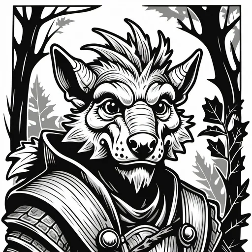 Prompt: woodcut style, handsome kobold druid, oak leaf acorn background, black and white only