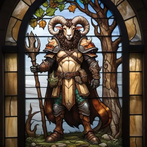 Prompt: Full body view of a strong 6 foot and 5 inches tall, 250 pound tiefling mushroom druid with ram horns, goat legs, mottled tan skin, long wavy dark hair with moss and sticks sticking out of it, wearing leather armor and standing near a tree in the middle of a medieval city