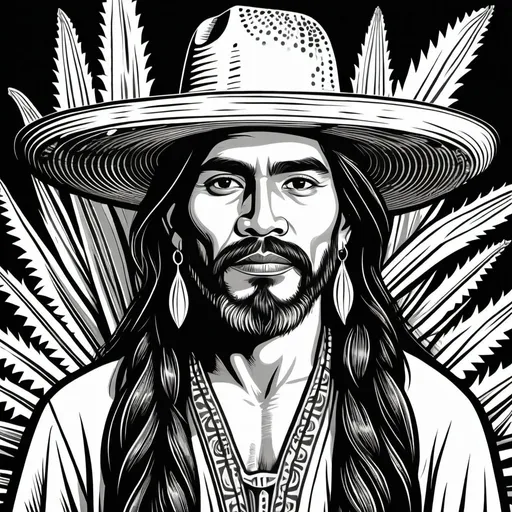 Prompt: woodcut style, handsome indigenous mexican curandero, long hair, beard, corn and agave background, black and white only