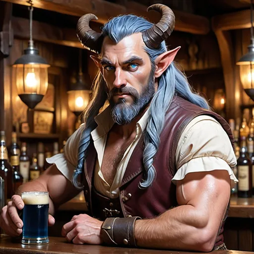 Prompt: a strong rugged 6 foot and 5 inches tall, 250 pound male tiefling druid with blue eyes, blue skin, long wavy indigo hair and a full beard is scowling as he stands at the bar in a medieval pub with an ale in his hand. He is wearing only a leather vest with his bulging biceps exposed.