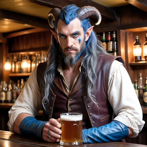 Prompt: a strong rugged 6 foot and 5 inches tall, 250 pound male tiefling druid with blue eyes, blue skin, long wavy indigo hair and a full beard is scowling as he stands at the bar in a medieval pub with an ale in his hand. He is wearing only a leather vest with his bulging biceps exposed.