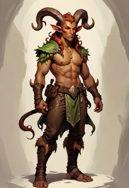 Prompt: dnd style rugged male tiefling druid tan skin majestic horns full body