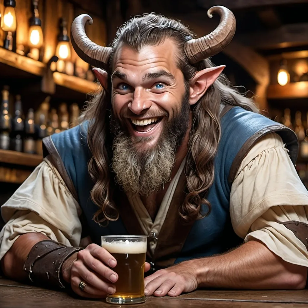 Prompt: a strong rugged 6 foot and 5 inches tall, 250 pound male tiefling mushroom druid with glowing blue eyes, mottled tan skin, and long wavy dark hair and beard is laughing as he sits at the bar in a medieval pub with an ale in his hand