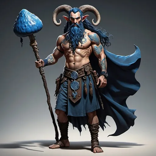 Prompt: Full body strong rugged 6 foot and 5 inches tall, 250 pound male tiefling mushroom druid with long dark hair, a blue beard, holding a quarterstaff . He is wearing a kilt and has many celtic tattoos across his entire torso. He has just finished a battle