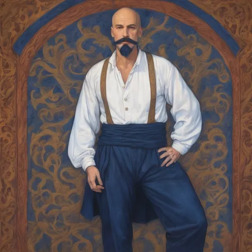 Prompt: full body, middle aged human male, renaissance faire massage healer, dark blue mustache and goatee, shaved head,dark blue fitted pants, white cotton shirt,on prepared canvas.fantasy art, gouache paint detail texture