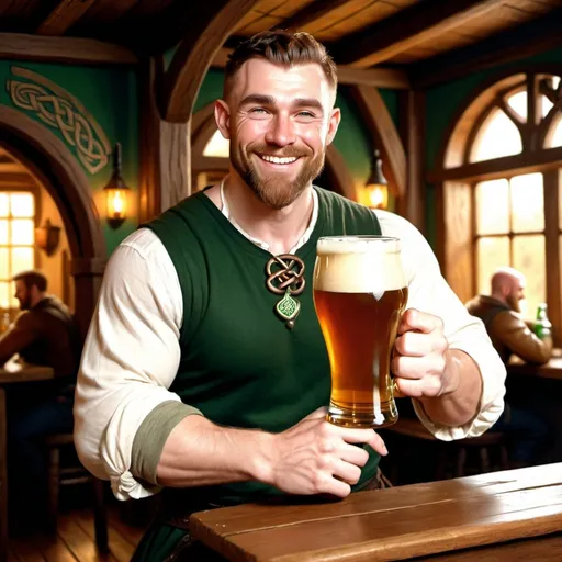 Prompt: full body muscular 30 year old handsome celtic male human druid smiling character holding a pint of ale in a tavern , fantasy character art, illustration, dnd, warm tone