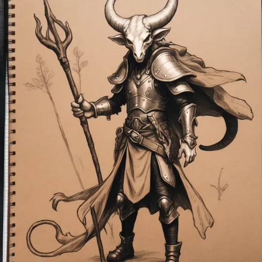 Prompt: sketch Tiefling mushroom druid, long tail, armor leather,staff,on light brown paper.dnd art, pencil detail texture