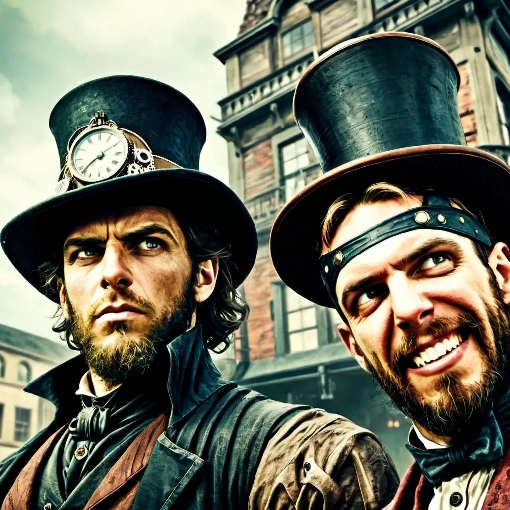 Prompt: fantasy illustration closeup of two strong male human wizards standing in a steampunk 1800's style city