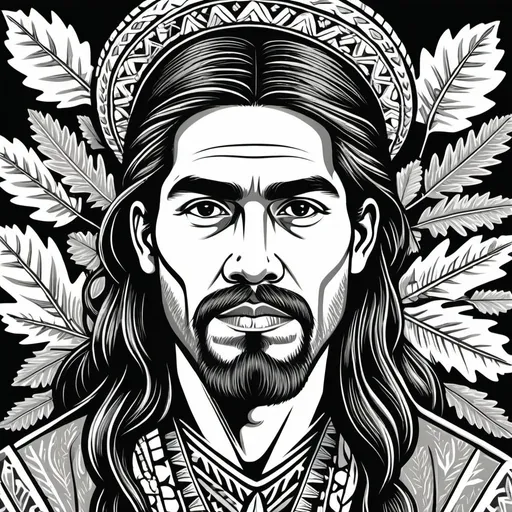 Prompt: woodcut style, handsome indigenous mexican curandero, long hair, beard with leaves in it, oak leaf acorn background, black and white only