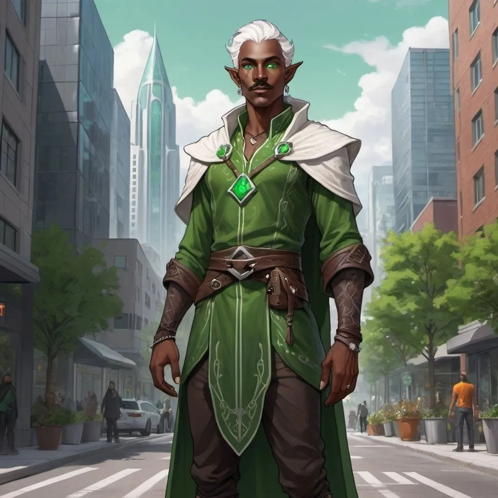 Prompt: full body d&d illustration of a dark skinned elven druid with bright green eyes, shining white hair and mustache standing in a modern city. 