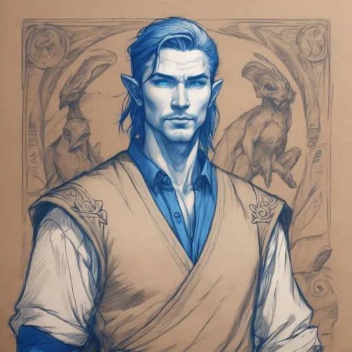 Prompt: sketch human male druid healer,blue cotton pants, white shirt,on light brown paper.Dungeons and dragon art, pencil detail texture