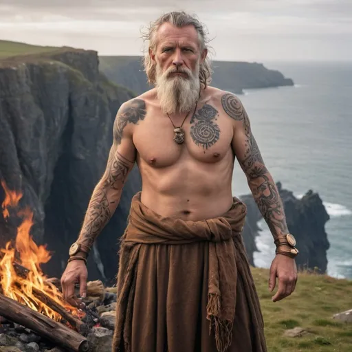 Prompt: a middle aged male druid with woad and bronze age tattoos on his skin is dressed in bronze age irish druid garb standing near a fire near a cliff overlooking the ocean
