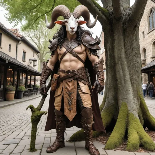 Prompt: Full body view of a strong 6 foot and 5 inches tall, 250 pound male tiefling mushroom druid with goat legs, mottled tan skin, long wavy dark hair with moss and sticks sticking out of it, wearing leather armor and standing near a tree in the middle of a medieval city