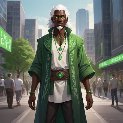 Prompt: full body illustration of a dark skinned human druid with bright green eyes, shining white hair and mustache standing in a modern city. 
