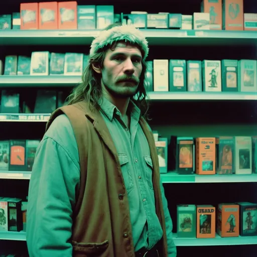 Prompt: Analog film photography still, portrait of a rugged male druid in a VHS store, grainy fujifilm film, anaglyph effect