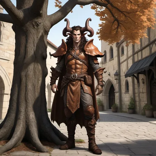 Prompt: Full body view of a strong 6 foot and 5 inches tall, 250 pound male tiefling mushroom druid with mottled tan skin, long wavy dark hair wearing leather armor and standing near a tree in the middle of a medieval city