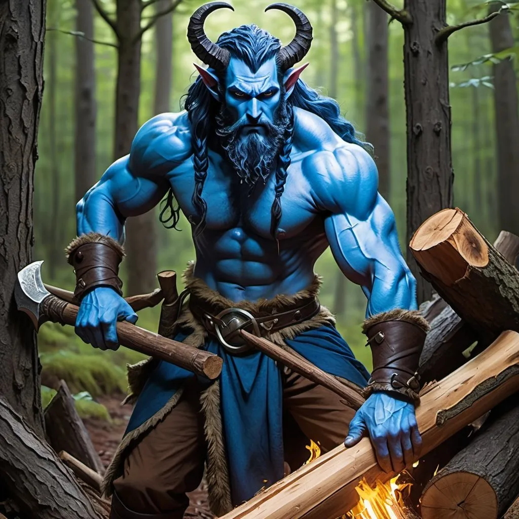 Prompt: a strong rugged 6 foot and 5 inches tall, 250 pound male tiefling druid with blue eyes, blue skin, long wavy indigo hair and a full beard is chopping wood in the forest