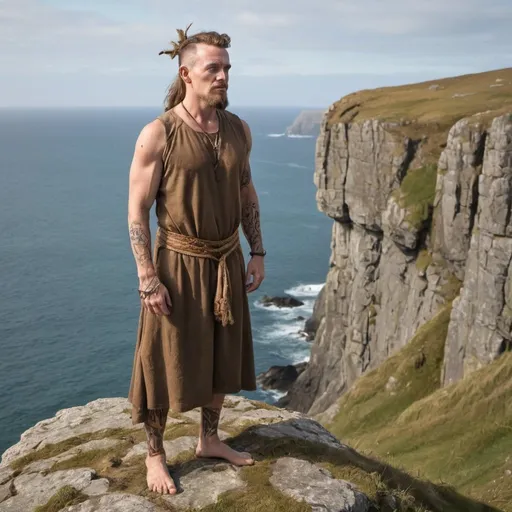 Prompt: a male massage therapist with woad and bronze age tattoos on his skin is dressed in bronze age irish druid garb standing on a cliff overlooking the ocean