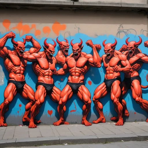 Prompt: a group of 8 dancing muscular devils, street art, graffitti, spray paint 