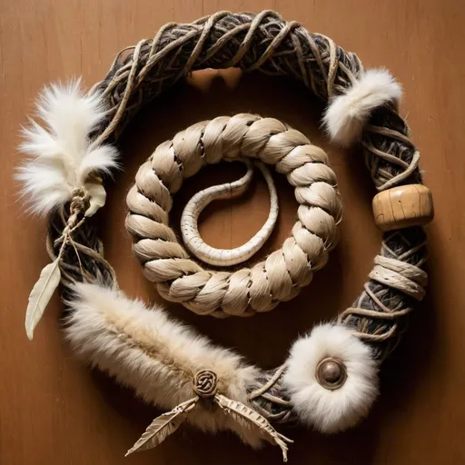 Prompt: a druidic focus made of natural cordage, rabbit fur, snake vertebrae, wood