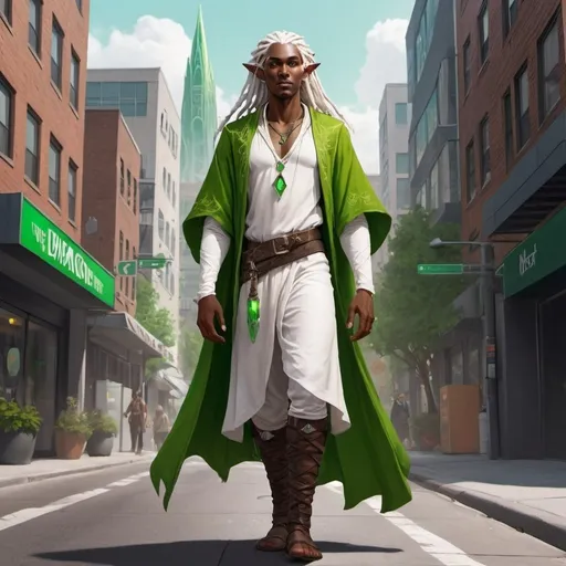 Prompt: full body d&d illustration of a dark skinned male elven druid with bright green eyes, shining white dreadlocks and white mustache floating above the street in a modern city. 